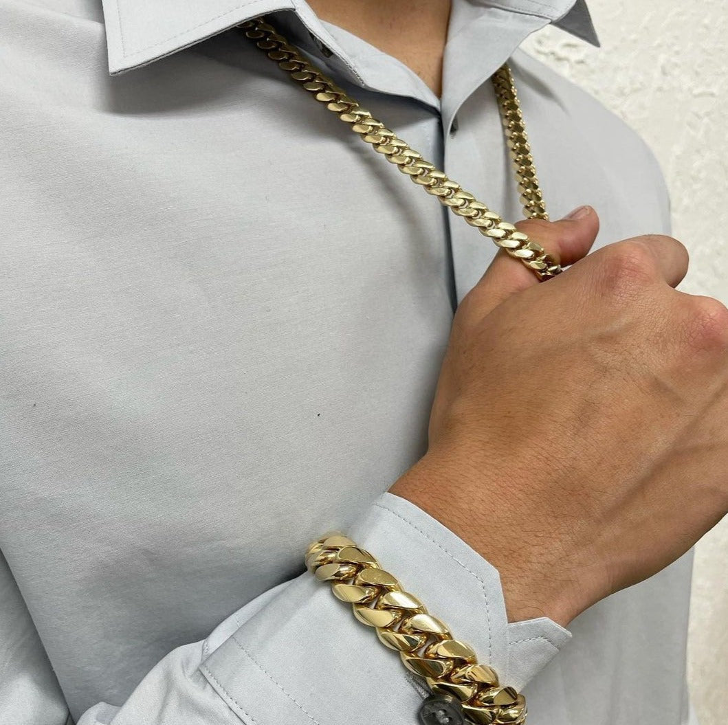 Zyan Gems | 12mm Wide Solid Miami Cuban Link Chain |  Gold Micron Plated  Sterling Silver Chain