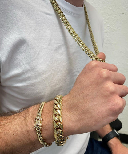 Zyan Gems | 14mm Wide Solid Miami Cuban Link Chain |  Gold Micron Plated  Sterling Silver Chain