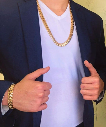 Zyan Gems | 14mm Wide Solid Miami Cuban Link Chain |  Gold Micron Plated  Sterling Silver Chain