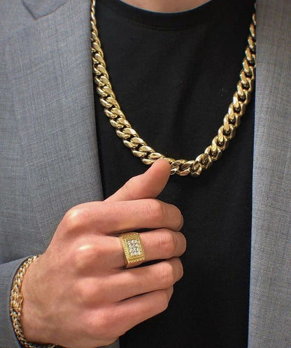 Zyan Gems | 14mm Wide Solid Miami Cuban Link Chain |  Gold Micron Plated  Sterling Silver Chain
