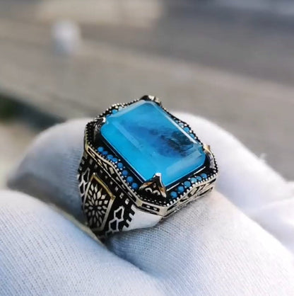 Zyan Gems | Unique Designed Turkish Style Ring with Natural Blue Topaz |  Sterling Silver Oxidized Ring