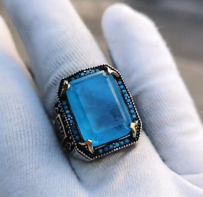 Zyan Gems | Unique Designed Turkish Style Ring with Natural Blue Topaz |  Sterling Silver Oxidized Ring