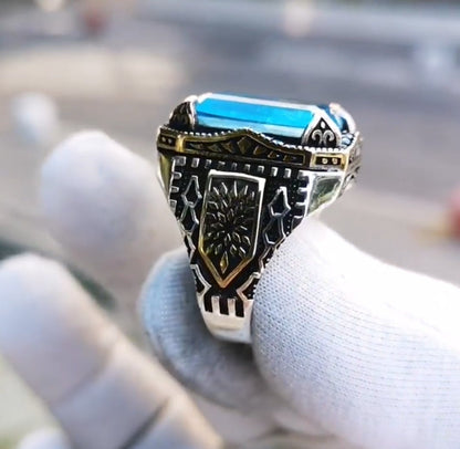 Zyan Gems | Unique Designed Turkish Style Ring with Natural Blue Topaz |  Sterling Silver Oxidized Ring