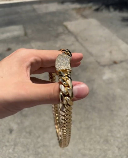 Zyan Gems | Custom 12mm Solid Miami Cuban Link Chain with Curved Iced Lock |  Gold Micron Plated  Sterling Silver Chain