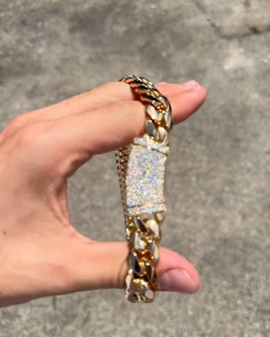 Zyan Gems | Custom 12mm Solid Miami Cuban Link Chain with Curved Iced Lock |  Gold Micron Plated  Sterling Silver Chain