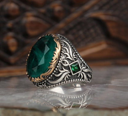 Unique Designed Turkish Style Ring with 8.5ct Natural Emerald |  Sterling Silver Oxidized Ring Authenticity and
