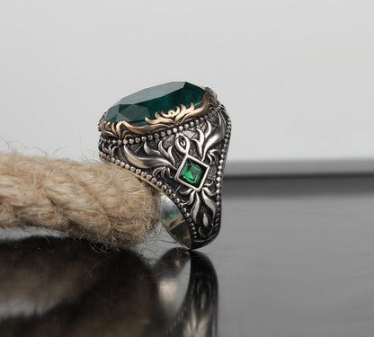Unique Designed Turkish Style Ring with 8.5ct Natural Emerald |  Sterling Silver Oxidized Ring Authenticity and