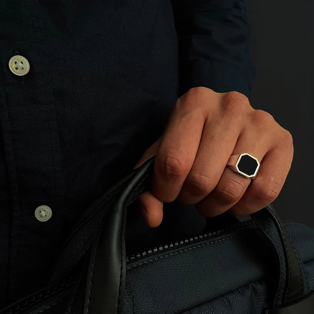 Zyan Gems | Classic Signet Ring with Natural Black Onyx |  Sterling Silver Ring