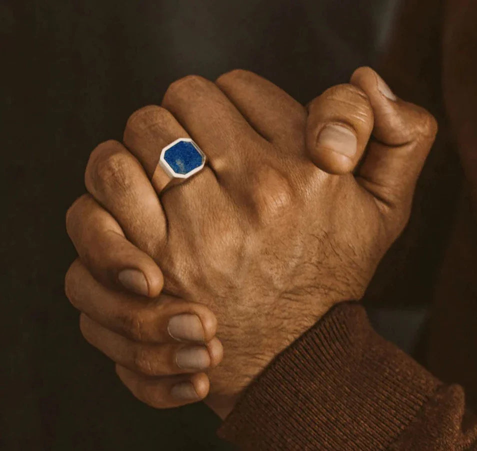 Zyan Gems | Classic Signet Ring with Natural Lapis Lazuli |  Sterling Silver Ring