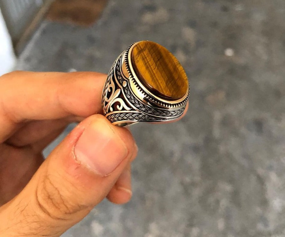 Zyan Gems | Unique Designed Turkish Style Ring with Natural Tiger Eye |  Sterling Silver Oxidized Ring