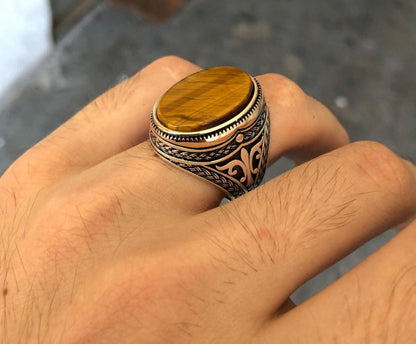 Zyan Gems | Unique Designed Turkish Style Ring with Natural Tiger Eye |  Sterling Silver Oxidized Ring