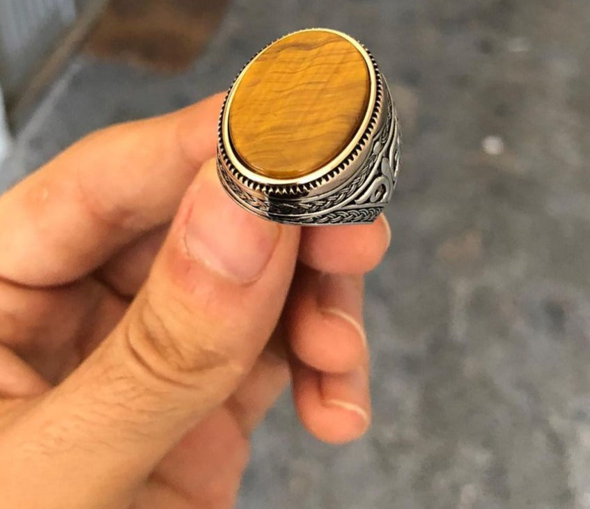 Zyan Gems | Unique Designed Turkish Style Ring with Natural Tiger Eye |  Sterling Silver Oxidized Ring