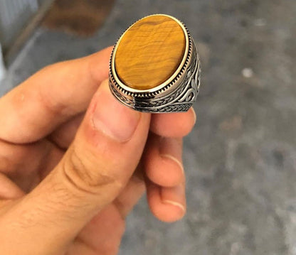 Zyan Gems | Unique Designed Turkish Style Ring with Natural Tiger Eye |  Sterling Silver Oxidized Ring