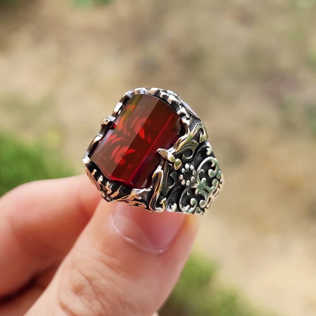 Zyan Gems | Unique Designed Turkish Style Ring with Multifaceted Red Zirconia |  Sterling Silver Oxidized Ring