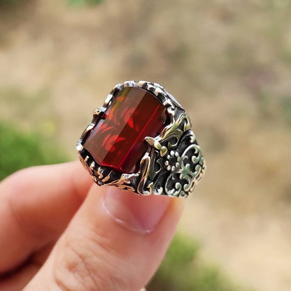 Zyan Gems | Unique Designed Turkish Style Ring with Multifaceted Red Zirconia |  Sterling Silver Oxidized Ring