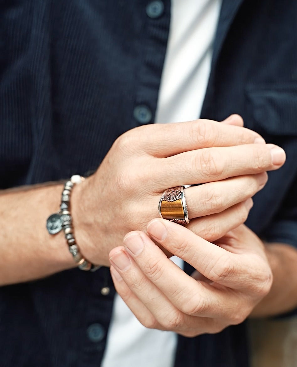 Zyan Gems | Unique Designed Turkish Style Curved Ring with Natural Tiger Eye |  Sterling Silver Gold Plated Ring