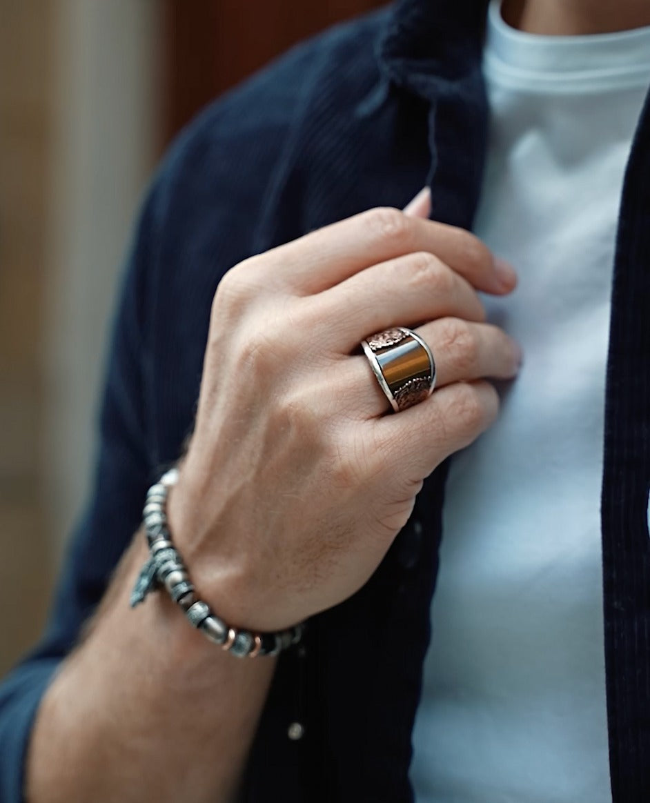 Zyan Gems | Unique Designed Turkish Style Curved Ring with Natural Tiger Eye |  Sterling Silver Gold Plated Ring