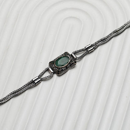 Zyan Gems | Unique Green Emerald hand beaded chain Bracelet for Men | Oxidized  Silver Bracelet