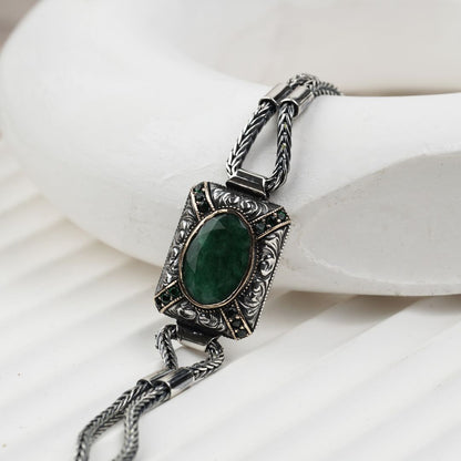 Zyan Gems | Unique Green Emerald hand beaded chain Bracelet for Men | Oxidized  Silver Bracelet