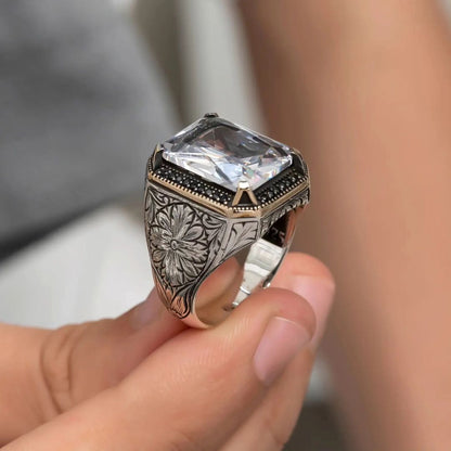 Zyan Gems | Unique Designed Turkish Style Ring with White Zirconia | 925 Sterling Silver Oxidized Ring Jewelry Authenticity and 925