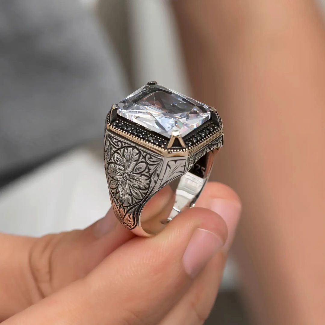 Zyan Gems | Unique Designed Turkish Style Ring with White Zirconia |  Sterling Silver Oxidized Ring