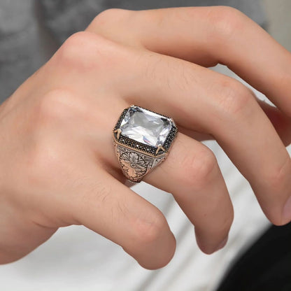 Zyan Gems | Unique Designed Turkish Style Ring with White Zirconia |  Sterling Silver Oxidized Ring