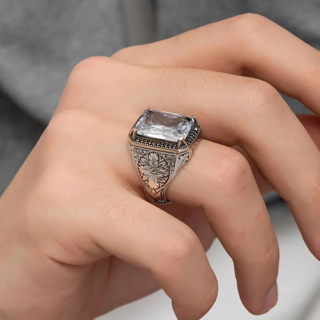 Zyan Gems | Unique Designed Turkish Style Ring with White Zirconia |  Sterling Silver Oxidized Ring