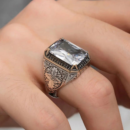 Zyan Gems | Unique Designed Turkish Style Ring with White Zirconia |  Sterling Silver Oxidized Ring