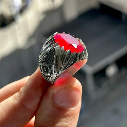 Zyan Gems | Unique Designed Ring with Natural Red Ruby |  Sterling Silver Oxidized Ring
