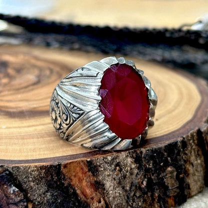 Zyan Gems | Unique Designed Ring with Natural Red Ruby |  Sterling Silver Oxidized Ring