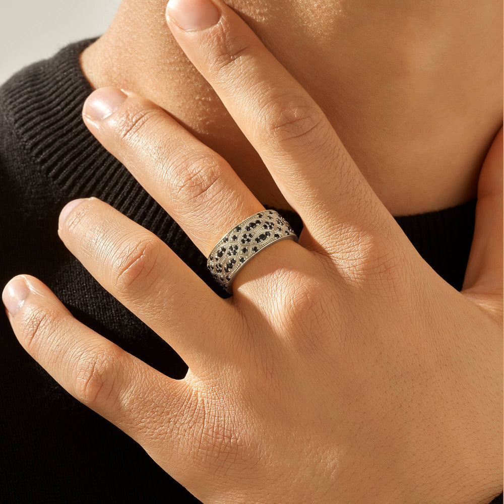 Zyan Gems | Exclusive Streamline Band Ring Studded with Black Swarovski for Men, Oxidized Sterling Silver  Ring | Jewellery for Men