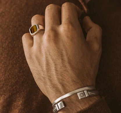 Zyan Gems | Classic Signet Ring with Natural Tiger Eye |  Sterling Silver Ring