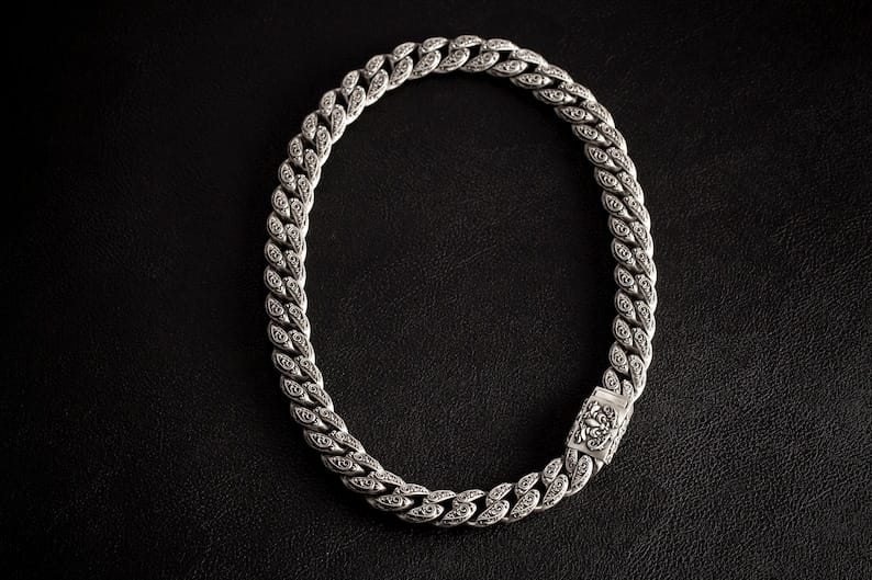 Zyan Gems | 16mm Wide Solid Floral Cuban Chain link Necklace | Oxidised  Sterling Silver Bracelet