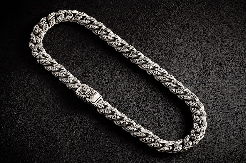 Zyan Gems | 16mm Wide Solid Floral Cuban Chain link Necklace | Oxidised  Sterling Silver Bracelet