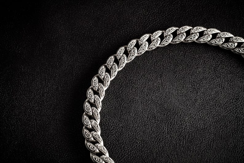 Zyan Gems | 16mm Wide Solid Floral Cuban Chain link Necklace | Oxidised  Sterling Silver Bracelet