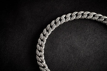 Zyan Gems | 16mm Wide Solid Floral Cuban Chain link Necklace | Oxidised  Sterling Silver Bracelet