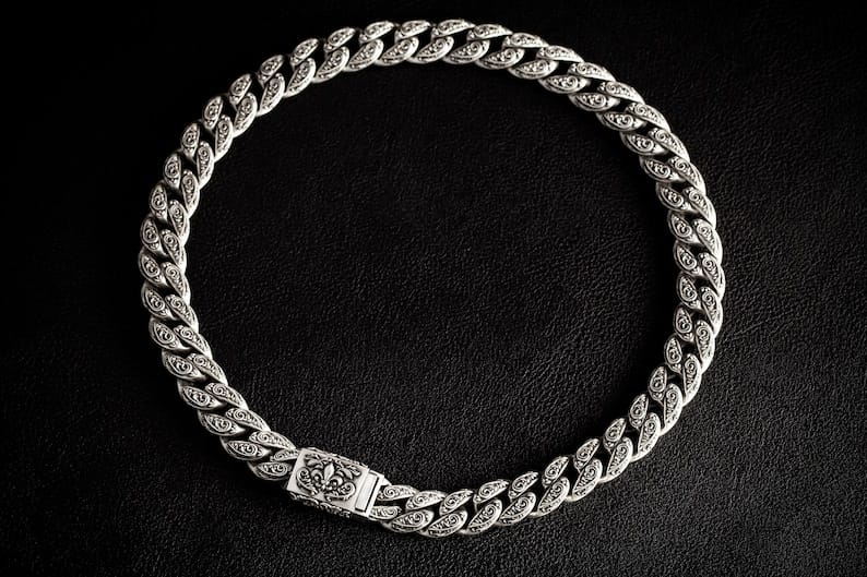Zyan Gems | 16mm Wide Solid Floral Cuban Chain link Necklace | Oxidised  Sterling Silver Bracelet