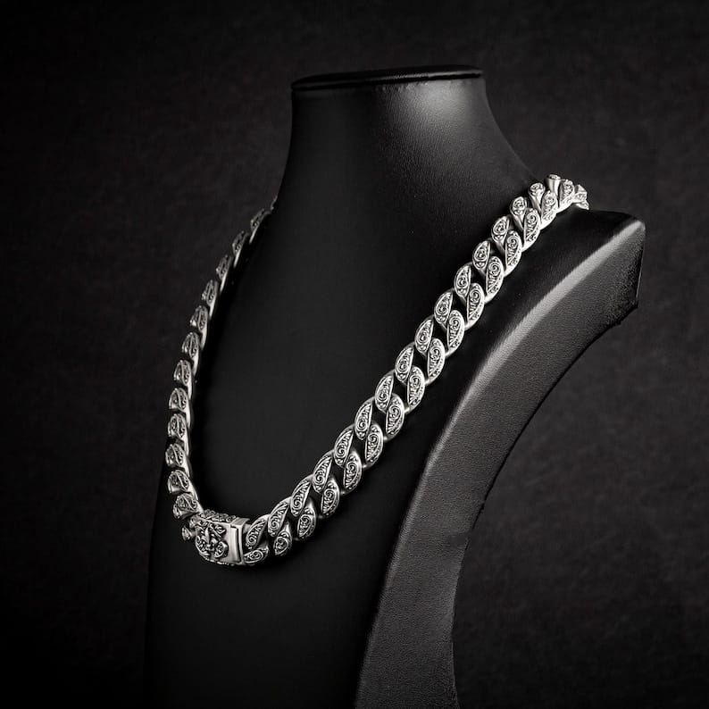 Zyan Gems | 16mm Wide Solid Floral Cuban Chain link Necklace | Oxidised  Sterling Silver Bracelet
