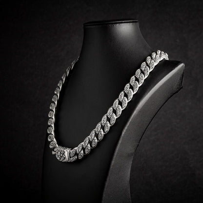 Zyan Gems | 16mm Wide Solid Floral Cuban Chain link Necklace | Oxidised  Sterling Silver Bracelet