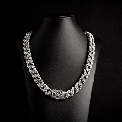 Zyan Gems | 16mm Wide Solid Floral Cuban Chain link Necklace | Oxidised  Sterling Silver Bracelet