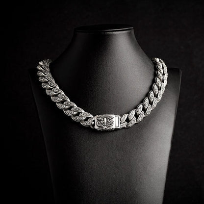 Zyan Gems | 16mm Wide Solid Floral Cuban Chain link Necklace | Oxidised  Sterling Silver Bracelet