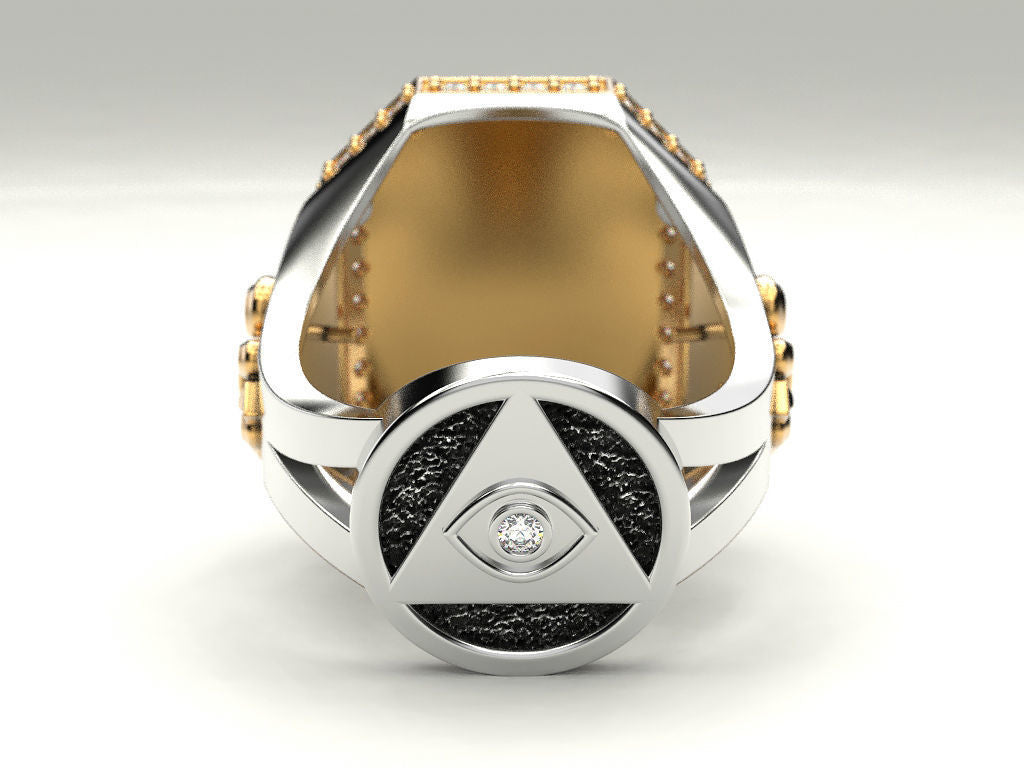 Zyan Gems | Unique Design Two Tone Lion Ring with Illuminati/ Evil Eye Symbol |  Gold Micron Plated  Sterling Silver Ring