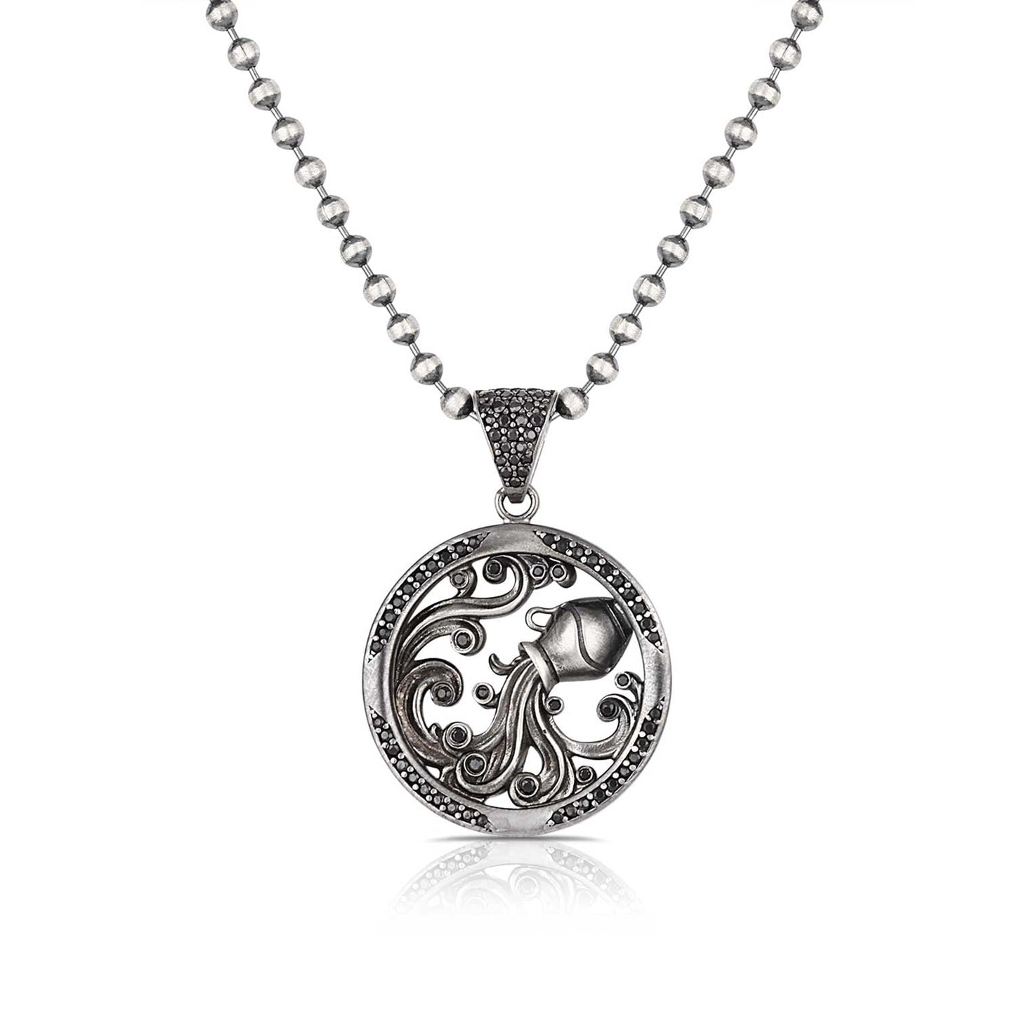 Zyan Gems | Unique Aquarius Zodiac Designed Pendant Studded with Black Zircons | Unisex  Sterling Silver Oxidized Pendant