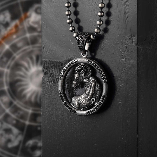 Zyan Gems | Unique Aries Zodiac Designed Pendant Studded with Black Zircons | Unisex  Sterling Silver Oxidized Pendant