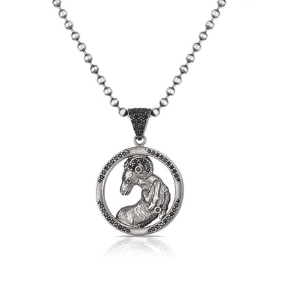 Zyan Gems | Unique Aries Zodiac Designed Pendant Studded with Black Zircons | Unisex  Sterling Silver Oxidized Pendant