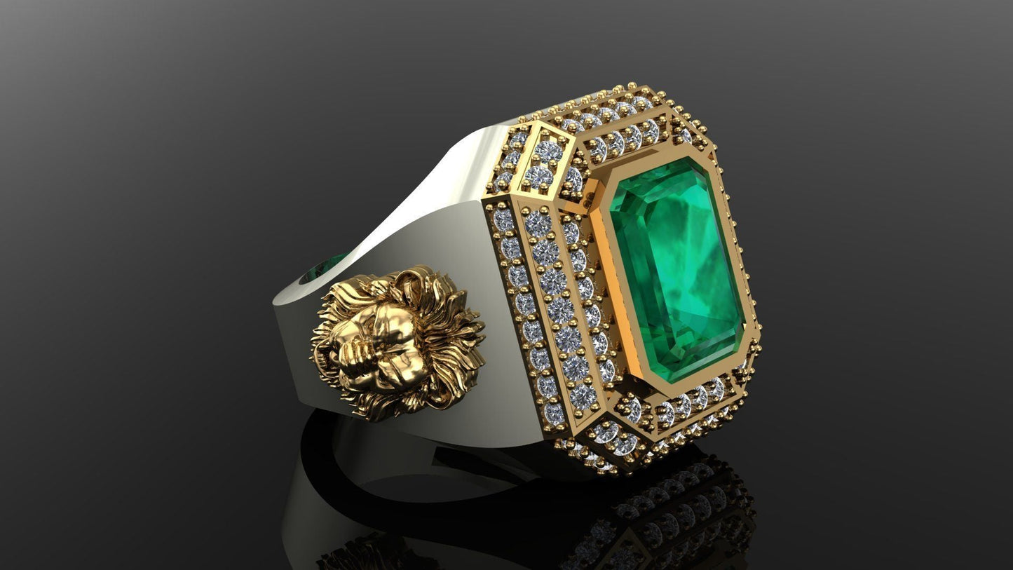 Zyan Gems | Unique Designed Turkish Style Ring with Emerald with lion Face |  Sterling Silver Oxidized Ring