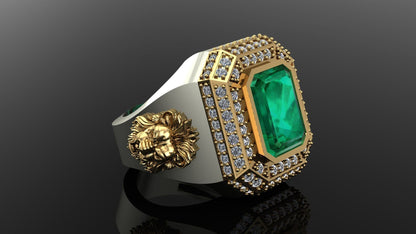 Zyan Gems | Unique Designed Turkish Style Ring with Emerald with lion Face |  Sterling Silver Oxidized Ring