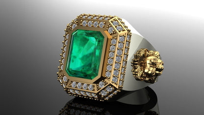 Zyan Gems | Unique Designed Turkish Style Ring with Emerald with lion Face |  Sterling Silver Oxidized Ring