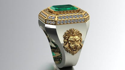 Zyan Gems | Unique Designed Turkish Style Ring with Emerald with lion Face |  Sterling Silver Oxidized Ring