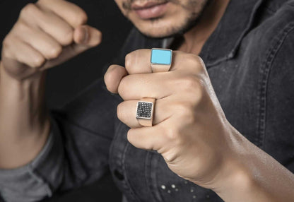 Zyan Gems | Exclusive Classic Signet Statement Ring Studded with Black Zircons, Sterling Silver  Ring | Jewellery for Men